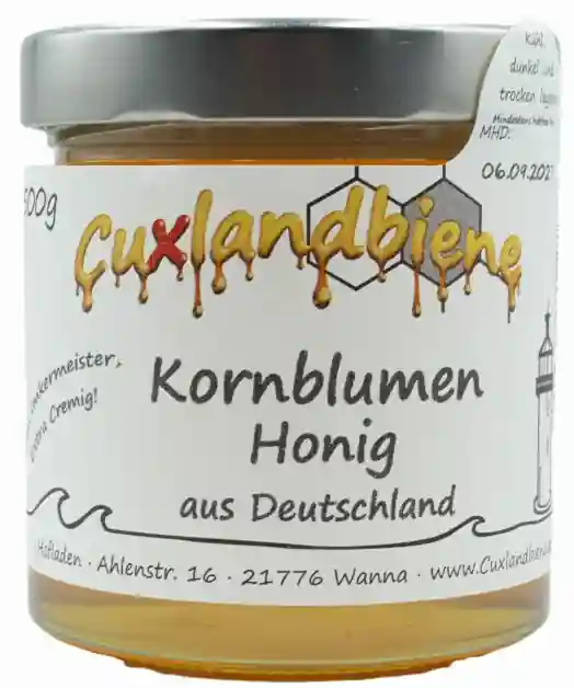 Kornblumenhonig Glas mit Etikett cremig