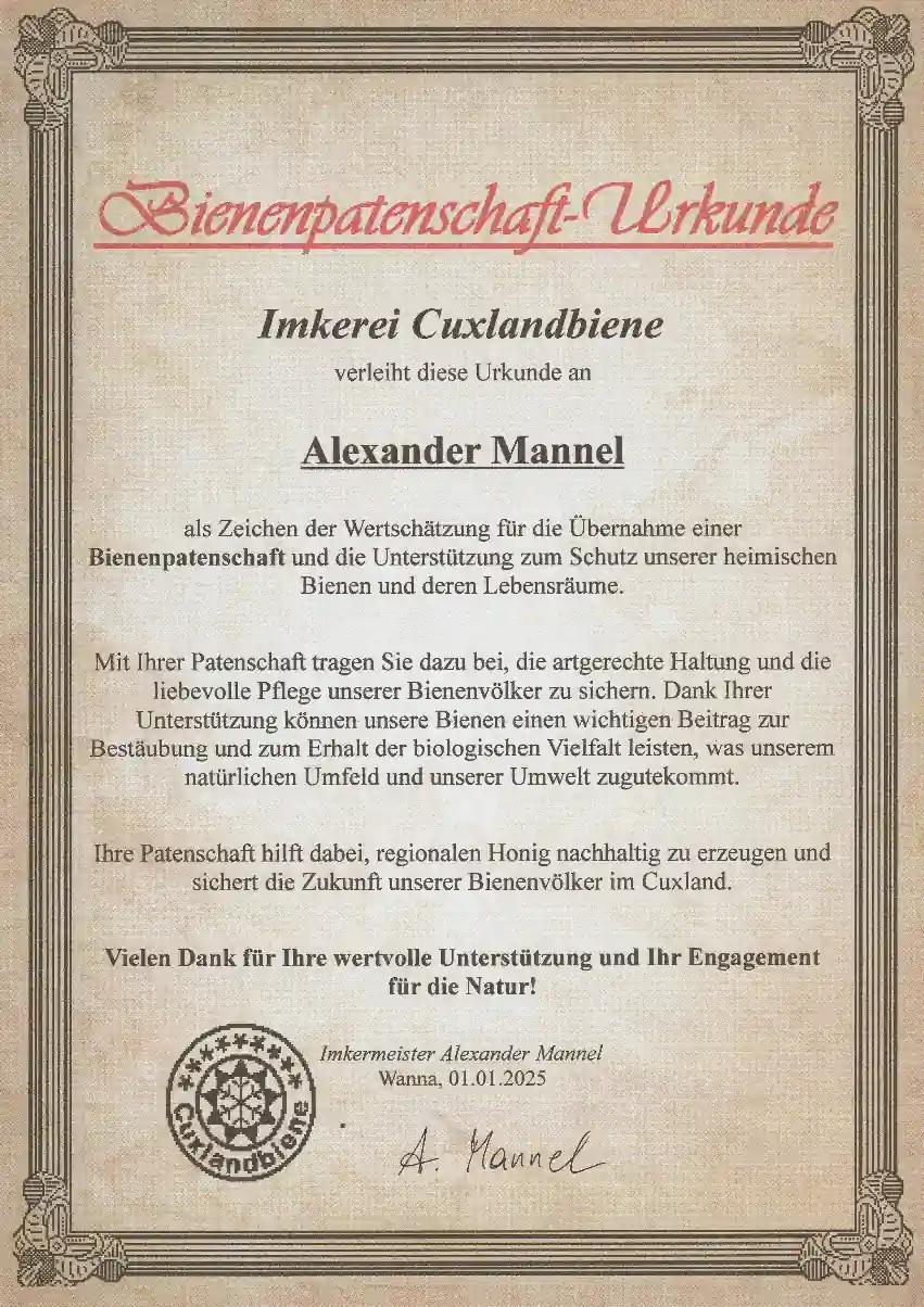 Bienenpatenschaft-Urkunde Bienenpatenschaft-Urkunde