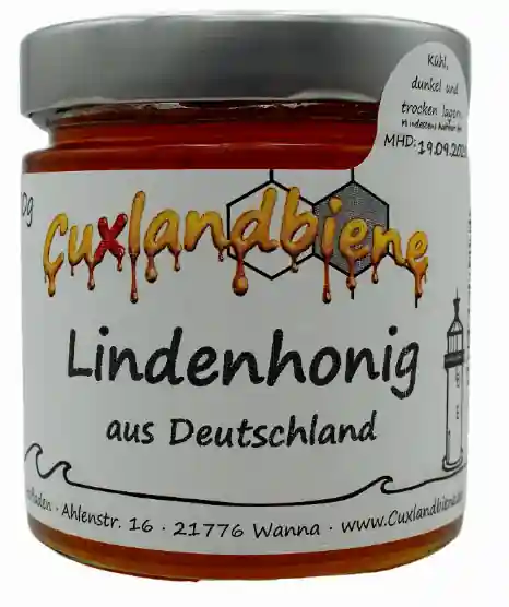 Lindenhonig Glas mit Etikett flüssig