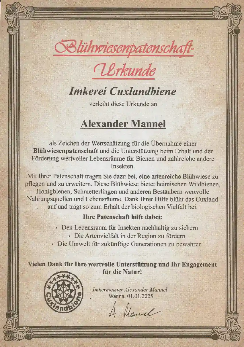 Bluehwiesenpatenschaft-Urkunde Bluehwiesenpatenschaft-Urkunde