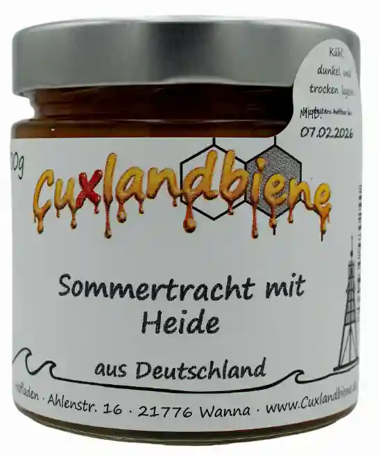 Sommertracht mit Heide mit Etikett